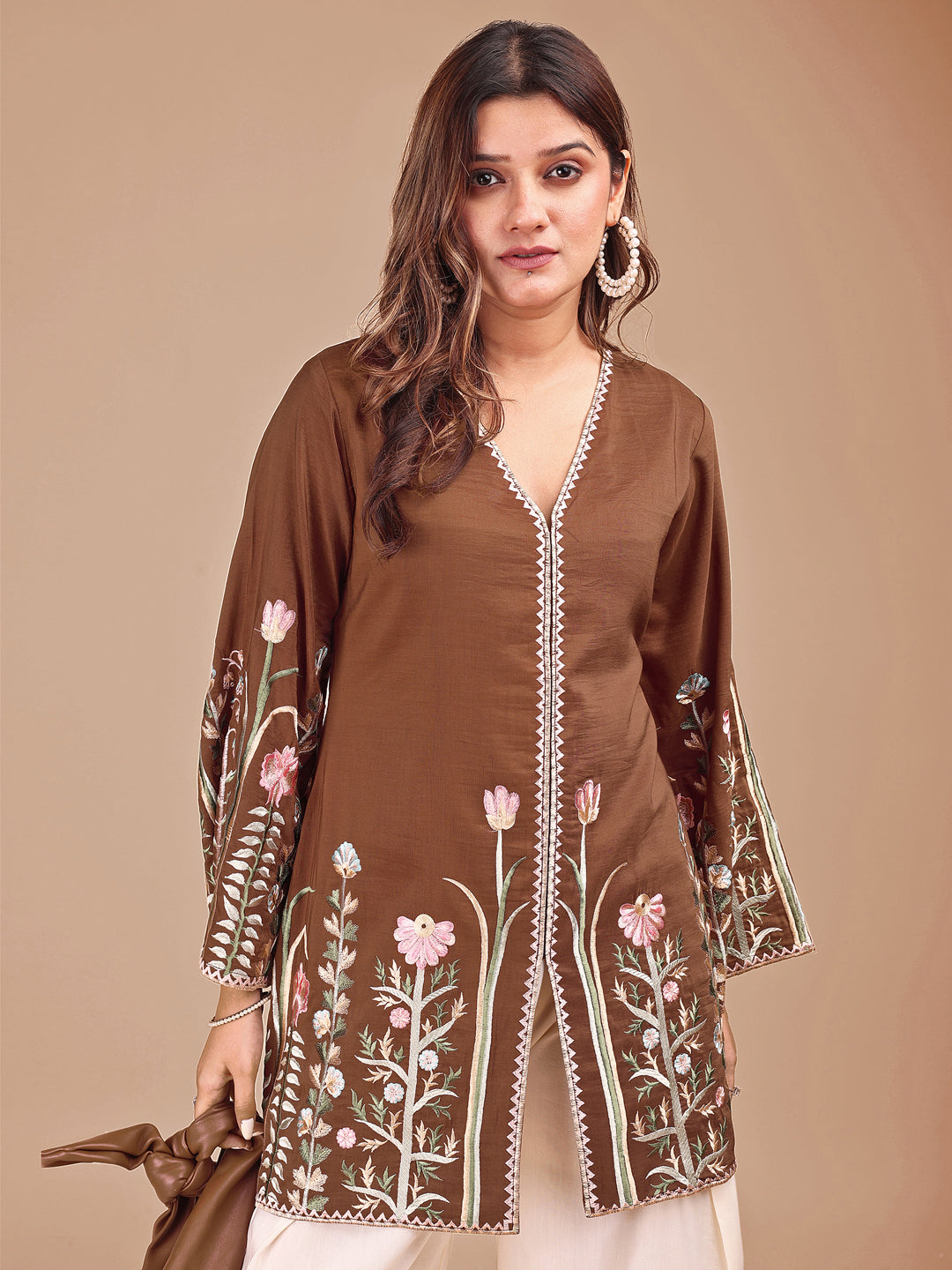 Brown & Cream Colored Embroidered Co-ord Set With Farshi Salwar